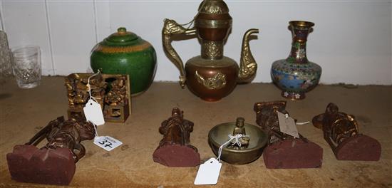 Carved Oriental figures, cloisonne vase, pottery pot, etc